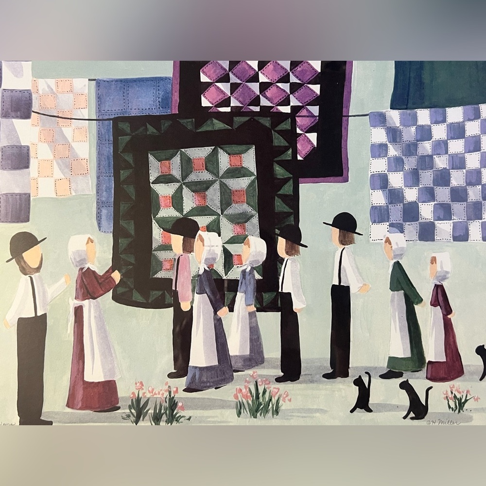 Framed Watercolor Art- Amish Quilting With Cats, Signed by Artist Miller 1994 - Picture 2 of 12